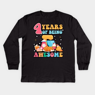 4 Years Of Being Awesome Tee 4th Baking Birthday Gift Leopard Girl Birthday Tee Baking Party Outfit Kids Long Sleeve T-Shirt